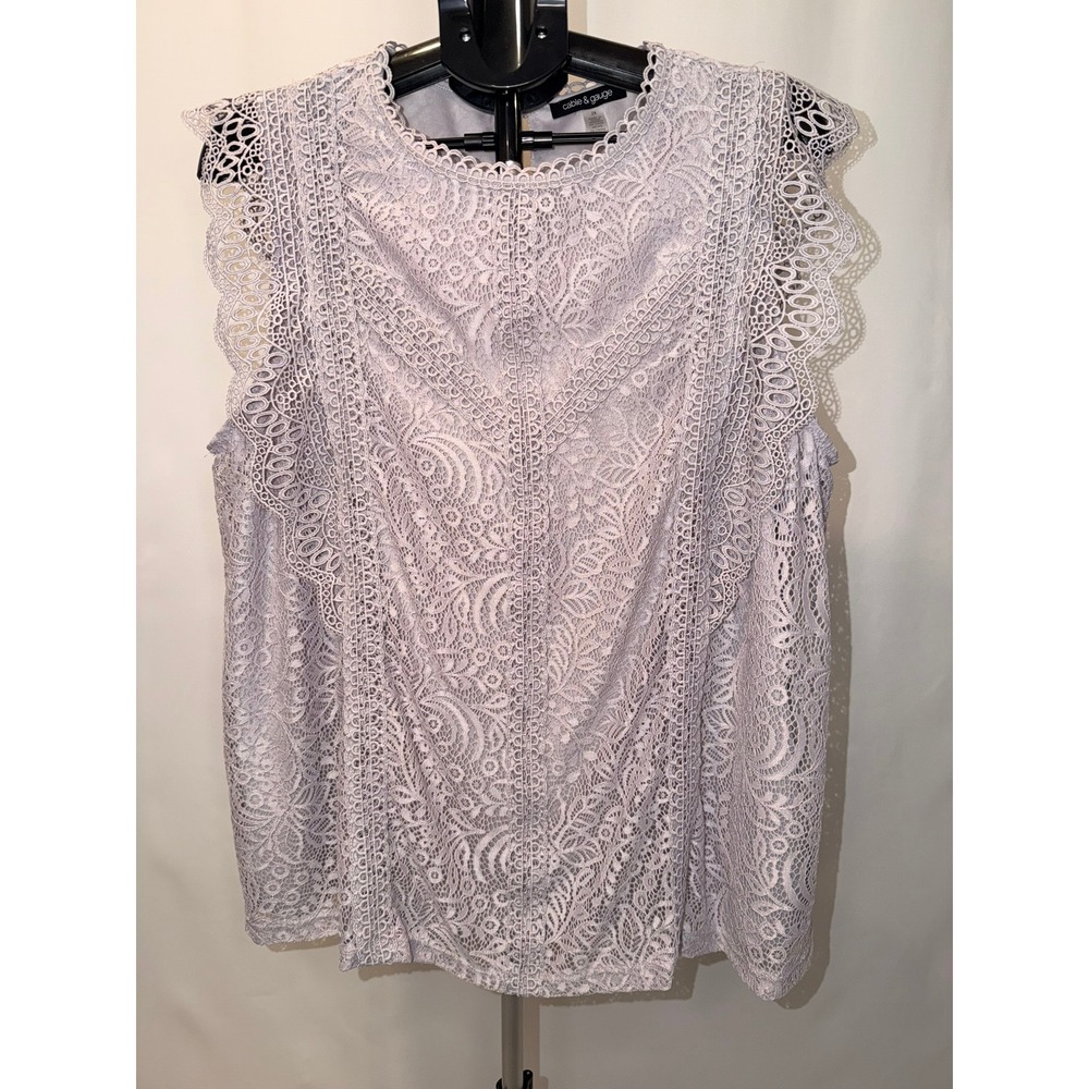 Cable & Gauge Lace Top Lavender Flutter Sleeve Women 2X